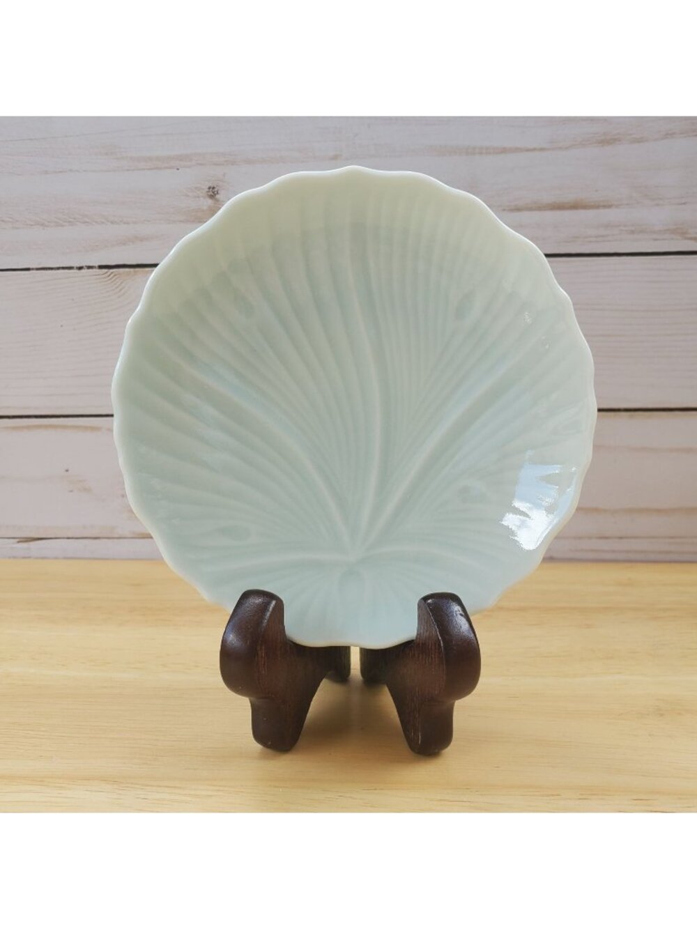 Vintage 1960s Sand Dollar Plate Seafoam Blue Scalloped Edge Ceramic Ocean Decor